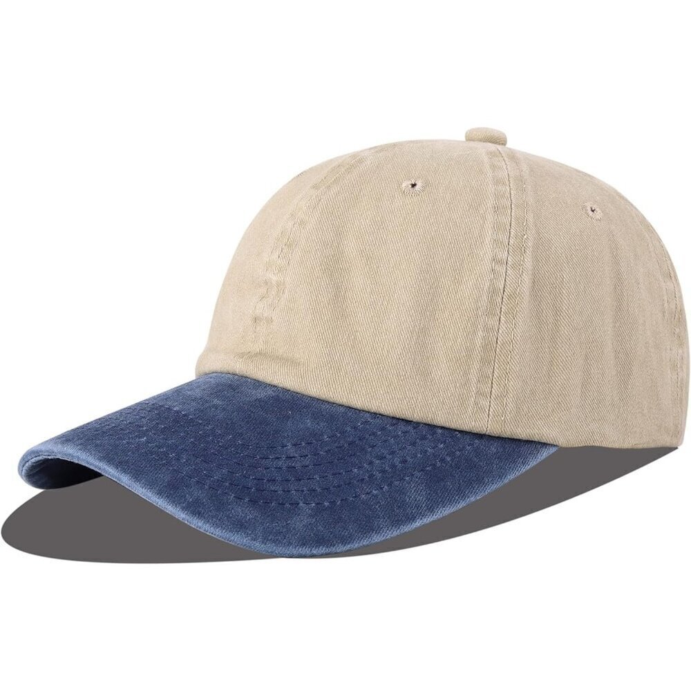 Unisex Khaki + Denim Blue Baseball Cap Cotton Fits Washed Denim Adjustable Hat